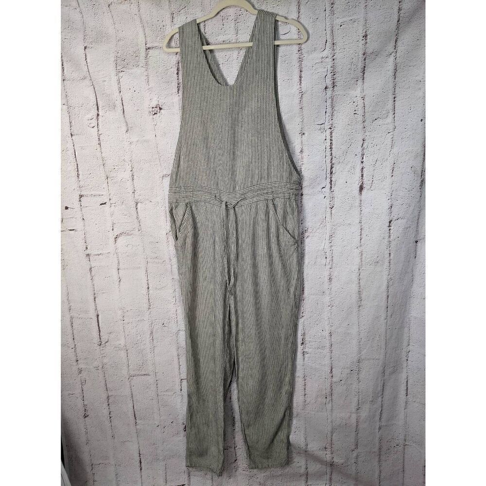Not Perfect Linen Sleeveless Jumpsuit Gray Striped Women's Size M Medium Drawstr